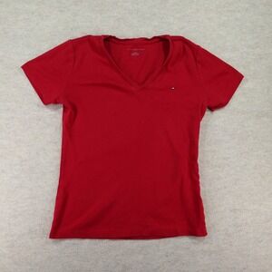 Tommy Hilfiger T-Shirt Medium V-Neck Modern Logo Red Tee
